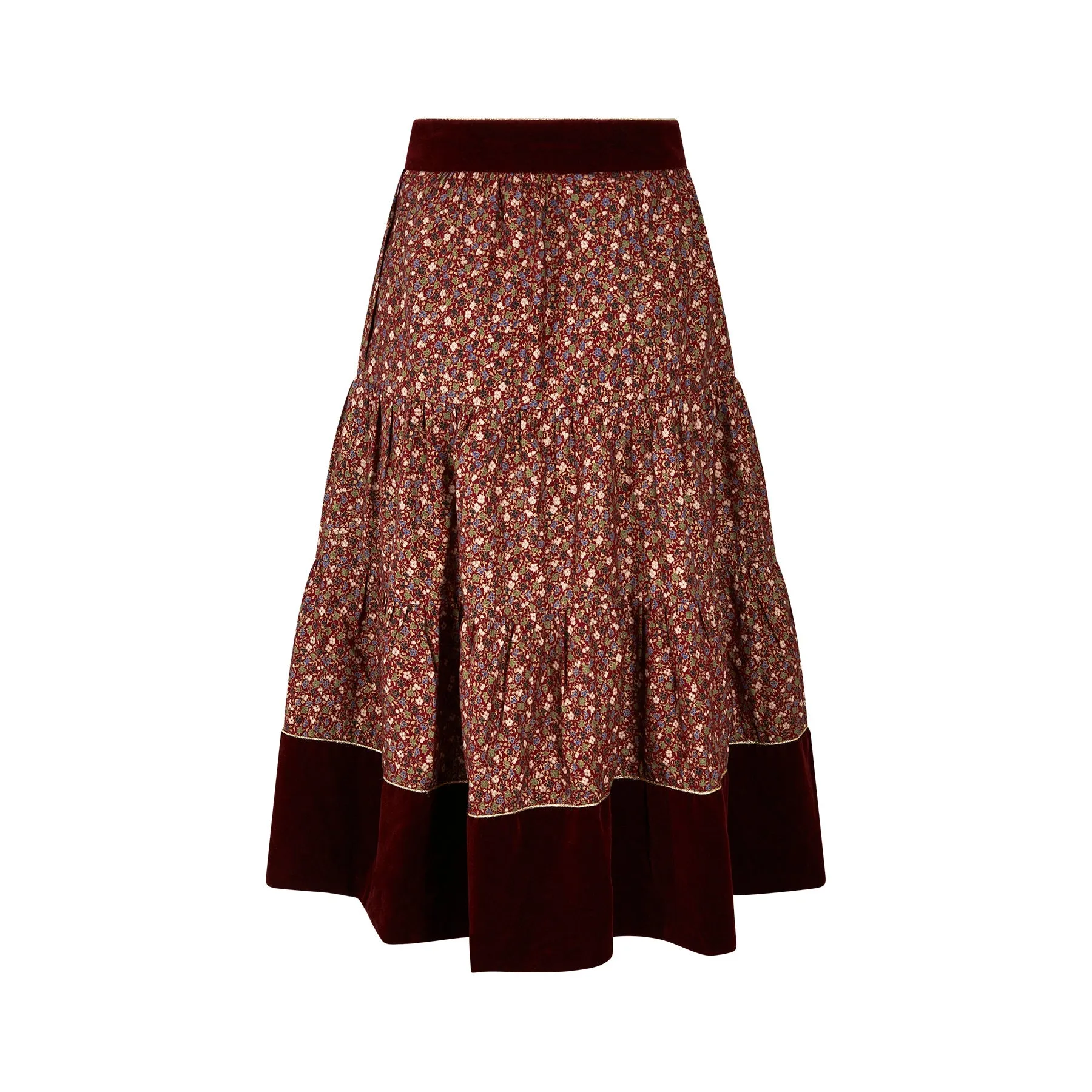 1970s Marion Donaldson Liberty Print Red Floral Cotton & Velvet Skirt