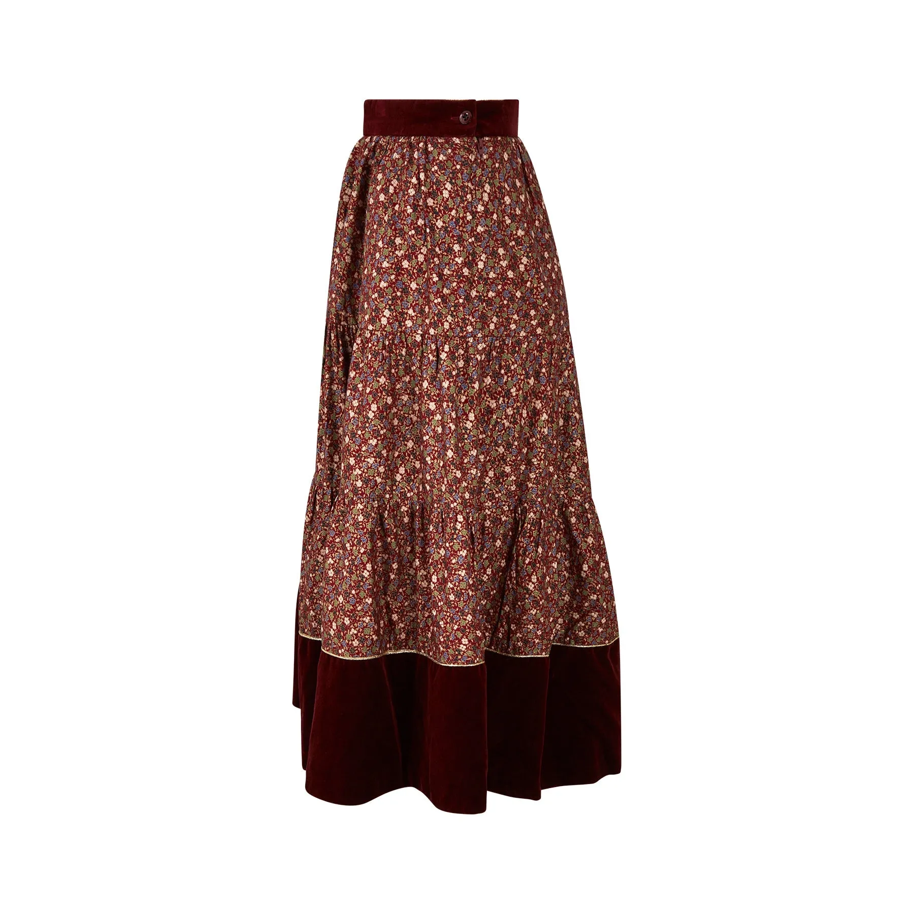 1970s Marion Donaldson Liberty Print Red Floral Cotton & Velvet Skirt