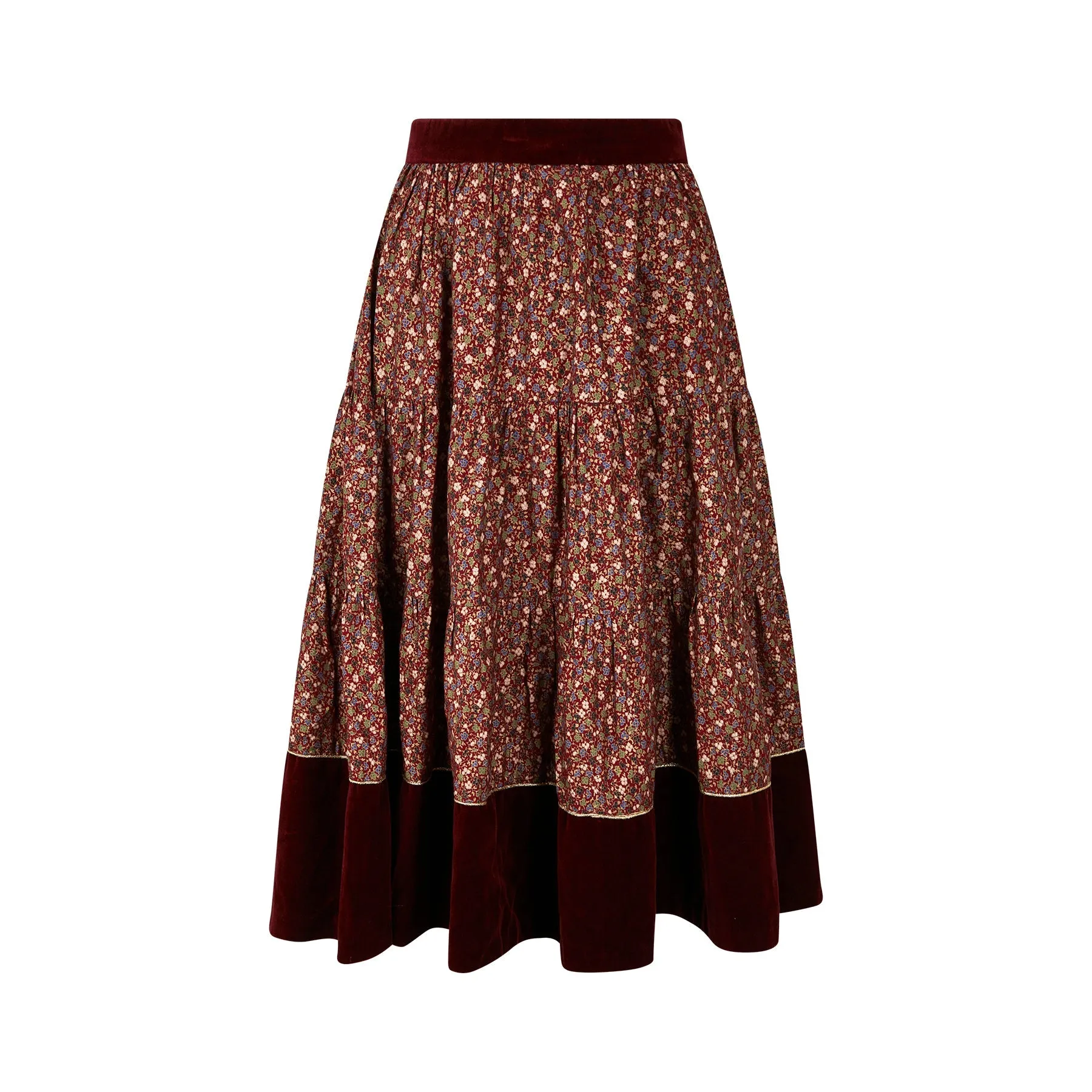 1970s Marion Donaldson Liberty Print Red Floral Cotton & Velvet Skirt