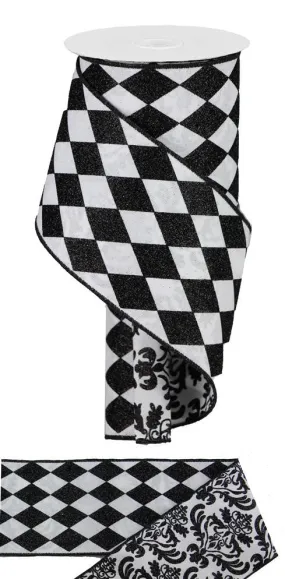4" Double Layer Blk/Wht Damask Harlequin Ribbon - 10yds
