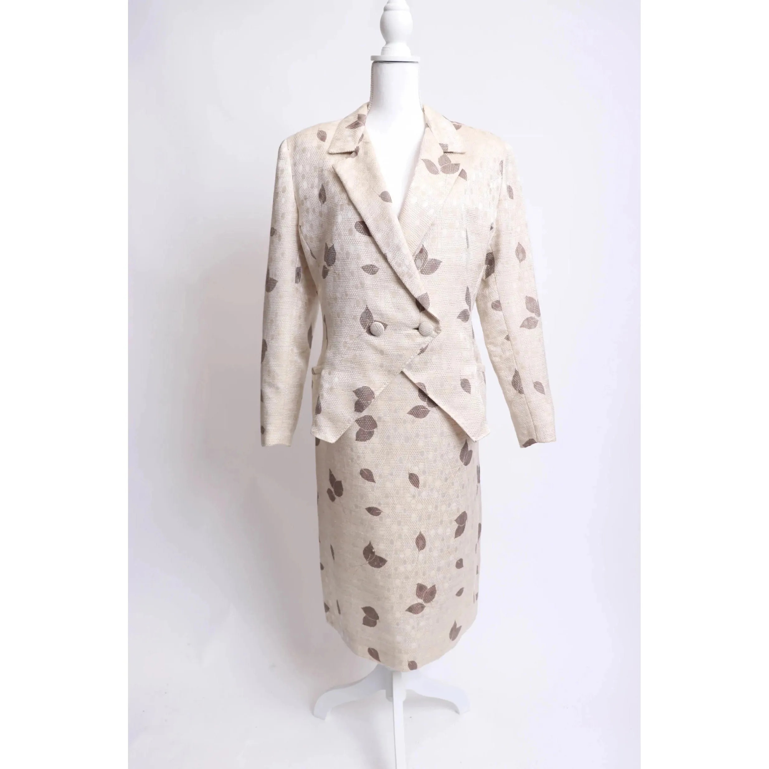 90's Travilla Leaf Print Silk Skirt Suit | Size L/XL