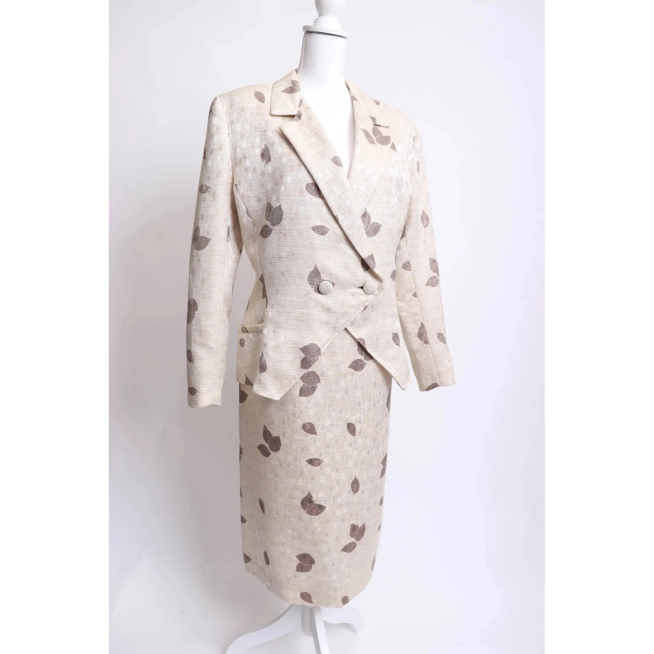 90's Travilla Leaf Print Silk Skirt Suit | Size L/XL