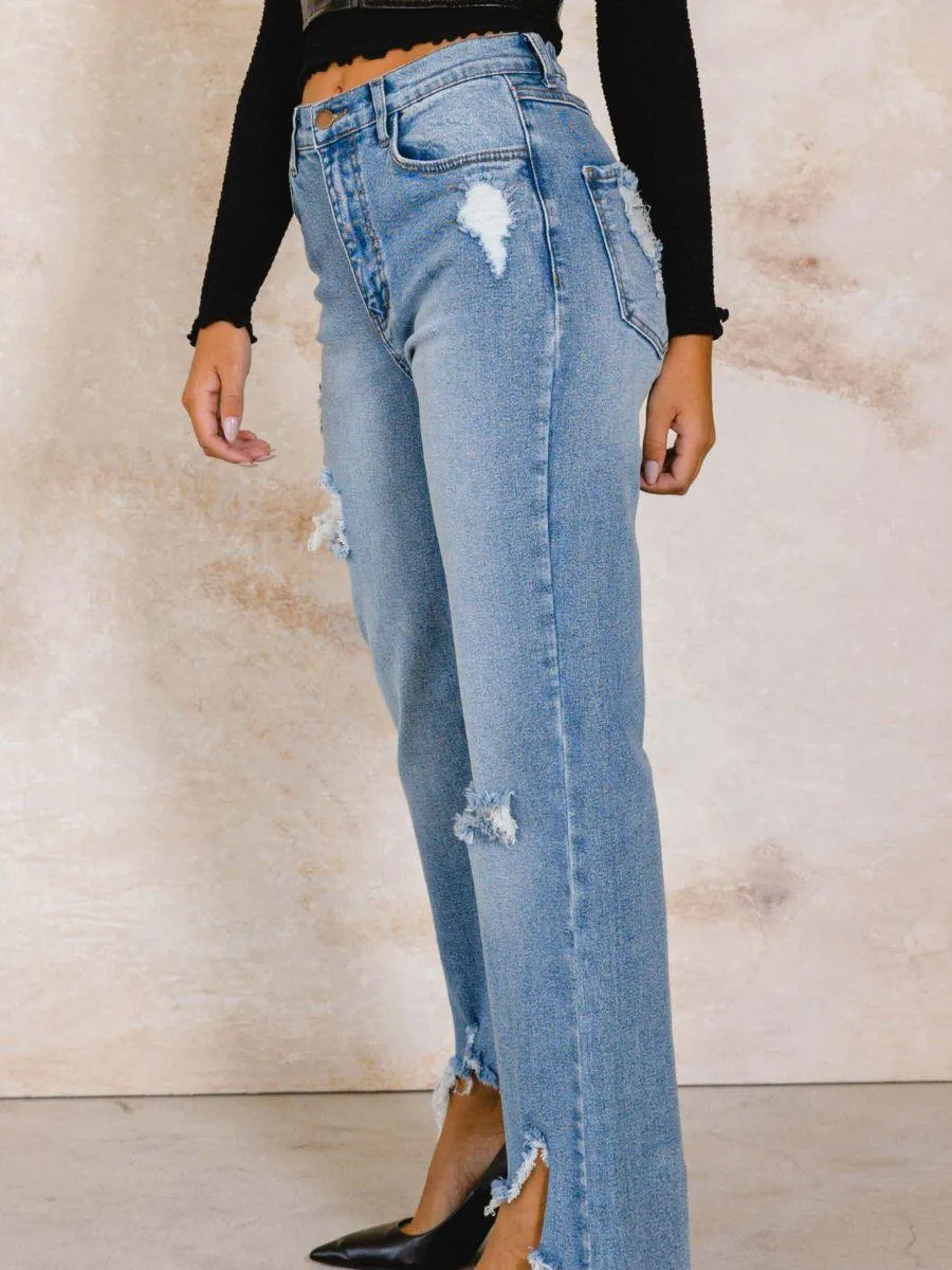 A Little Extra Distressed High Rise Wide Leg Jeans