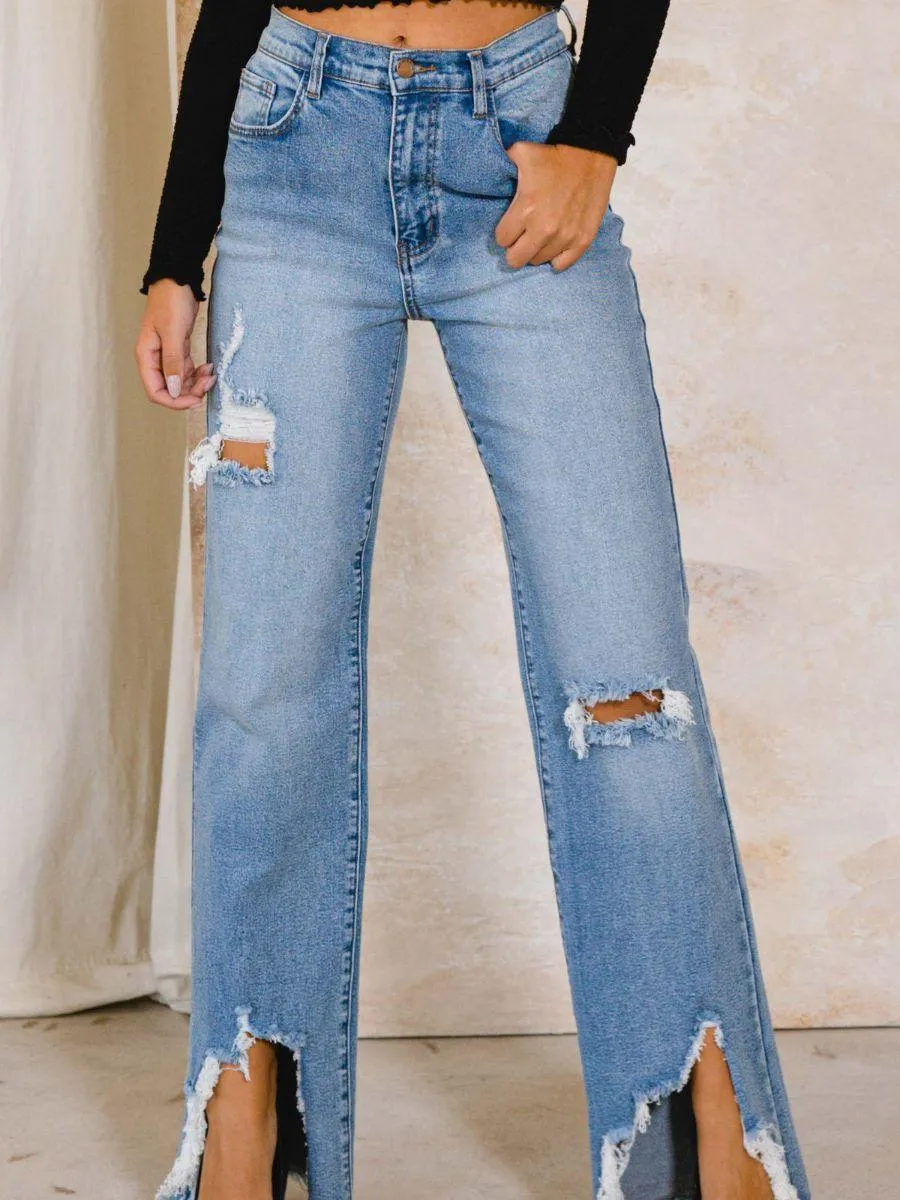 A Little Extra Distressed High Rise Wide Leg Jeans