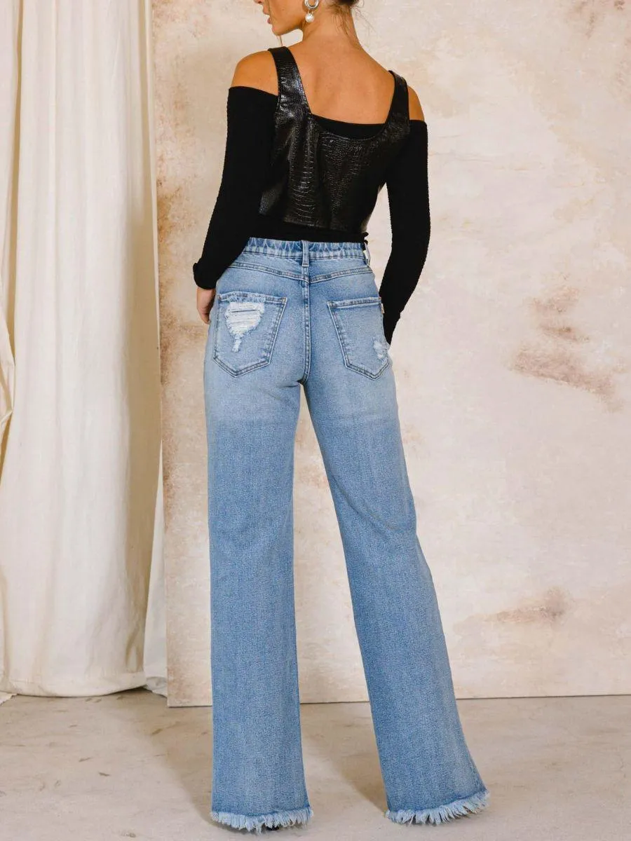 A Little Extra Distressed High Rise Wide Leg Jeans