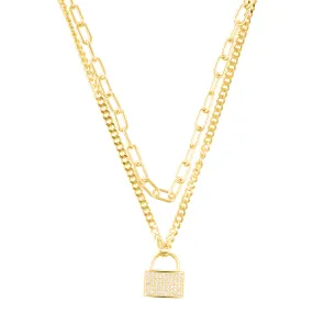 Adjustable Layered Chain Crystal Lock Necklace