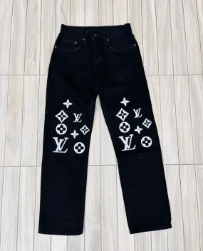 Aesthetic Y2K Vintage LV Print Urban Style Baggy Straight Fit Baggy Black Denim Jeans