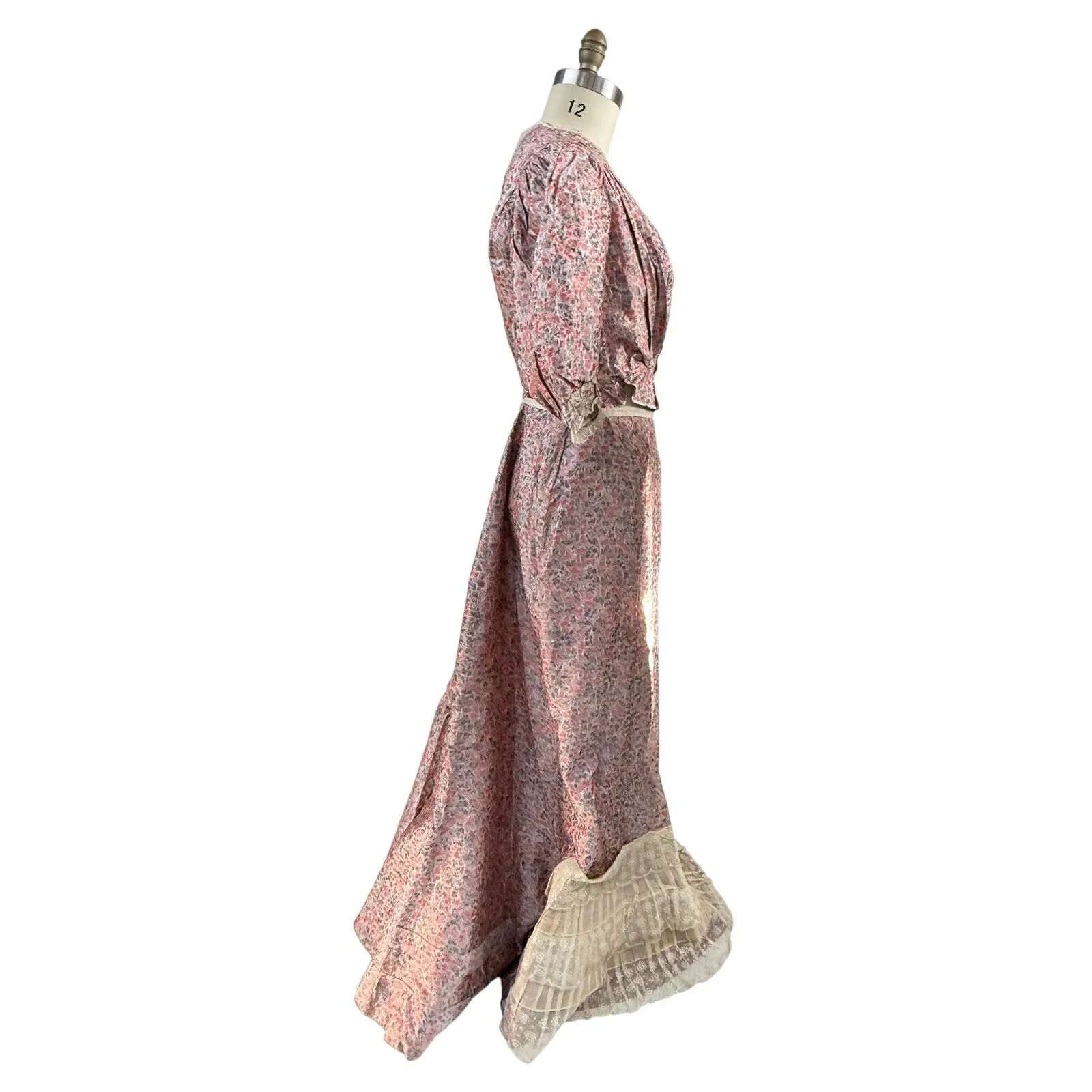 Antique Victorian Bustle Skirt & Bodice Grey Coral Silk Floral RARE Size LARGE