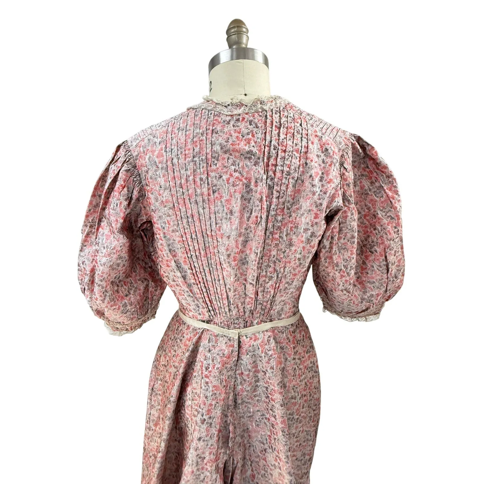 Antique Victorian Bustle Skirt & Bodice Grey Coral Silk Floral RARE Size LARGE