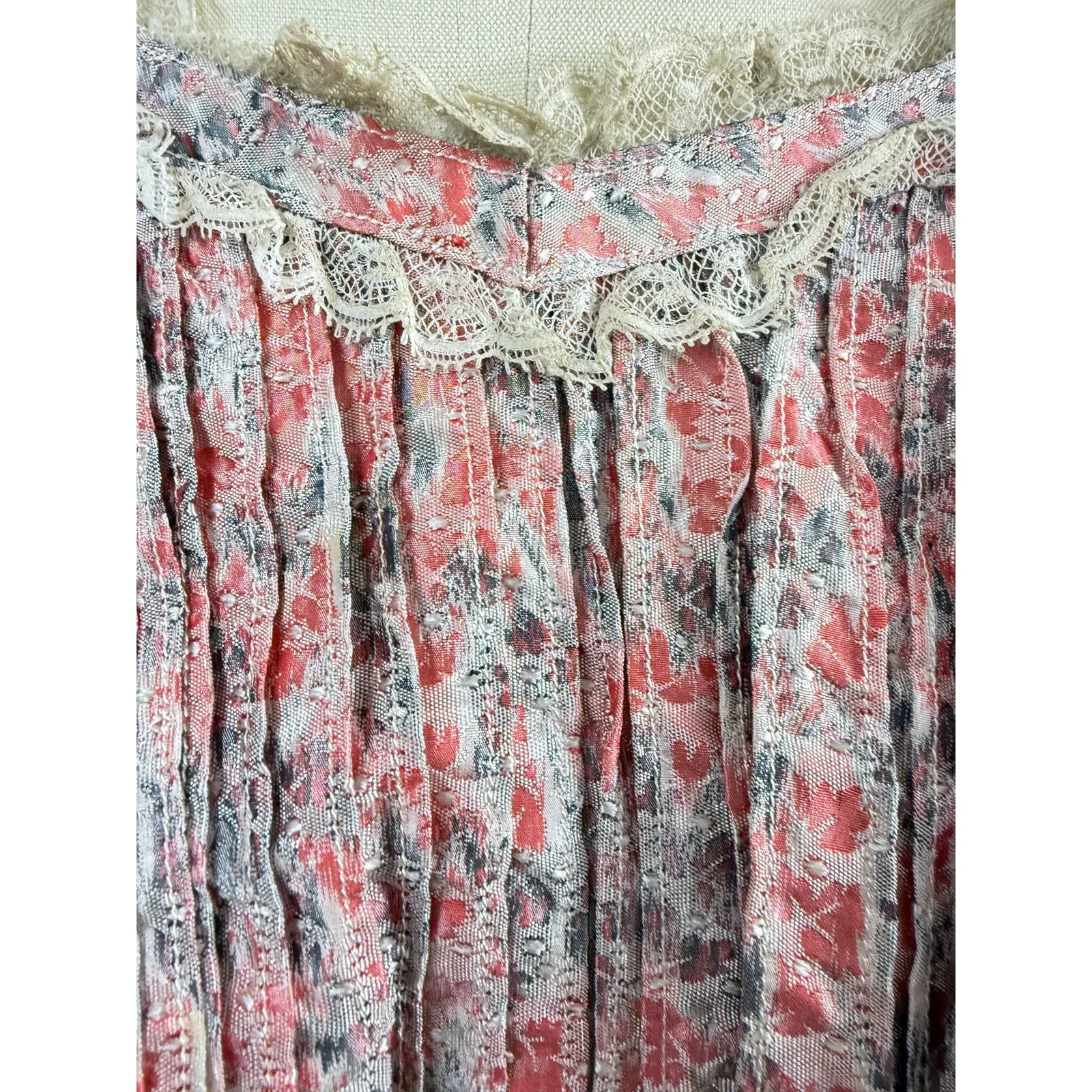 Antique Victorian Bustle Skirt & Bodice Grey Coral Silk Floral RARE Size LARGE