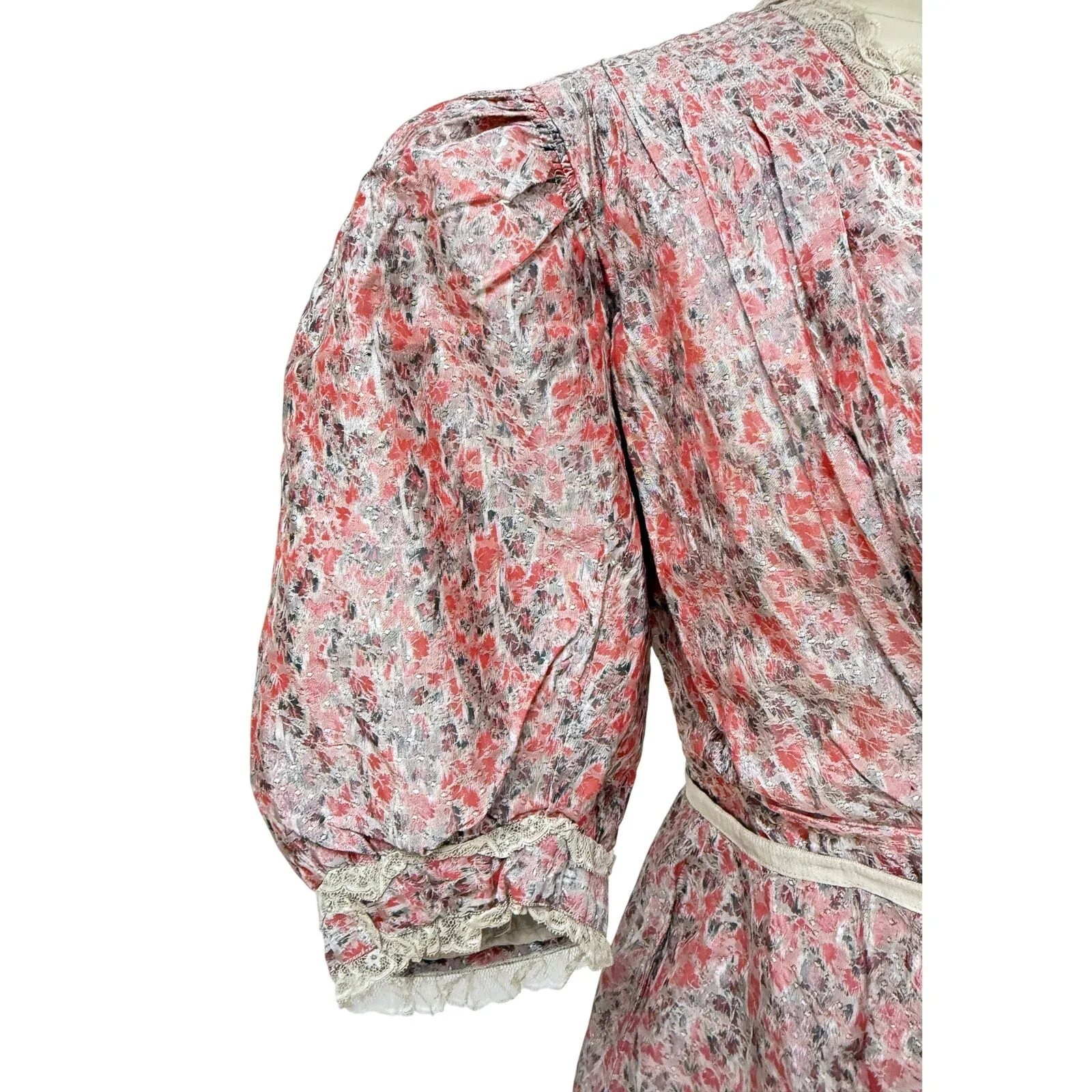 Antique Victorian Bustle Skirt & Bodice Grey Coral Silk Floral RARE Size LARGE