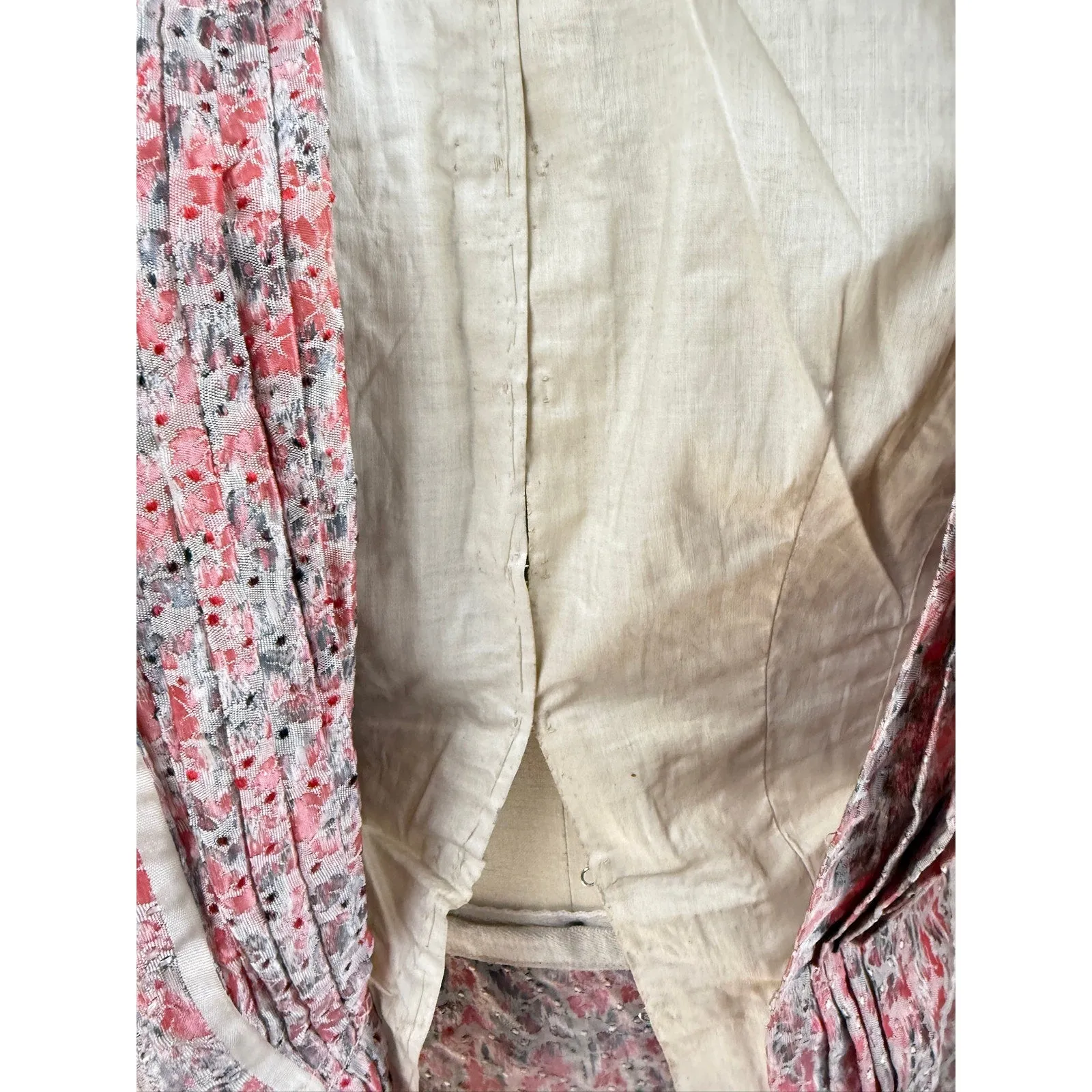 Antique Victorian Bustle Skirt & Bodice Grey Coral Silk Floral RARE Size LARGE