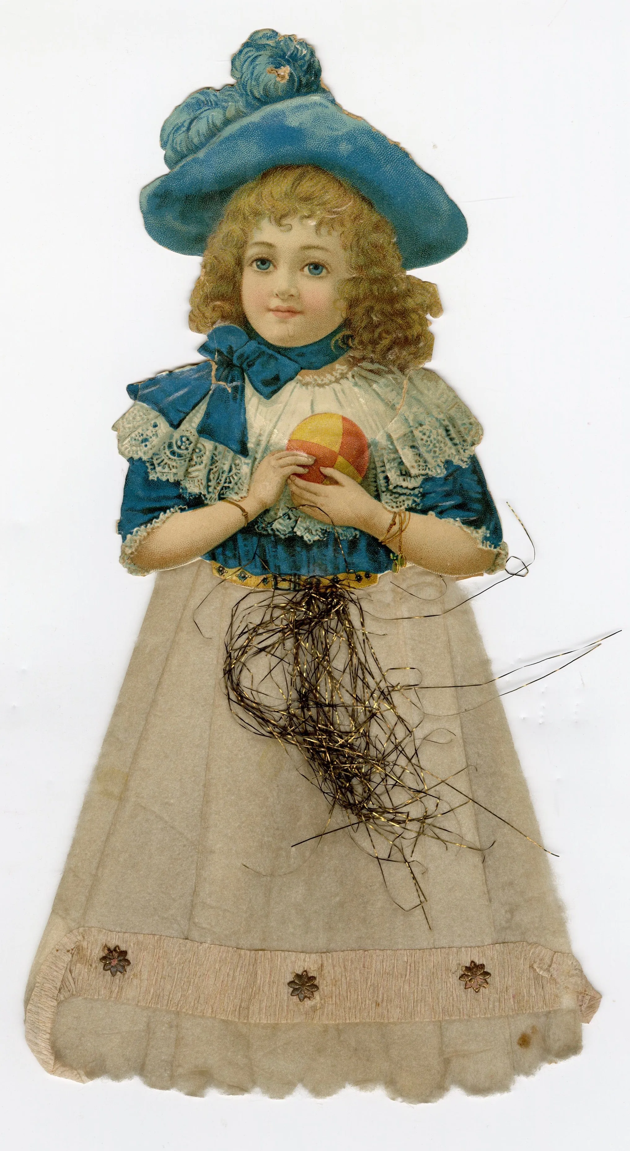 Antique Victorian Die-Cut Scrap Doll, Cotton Skirt, Metallic Thread
