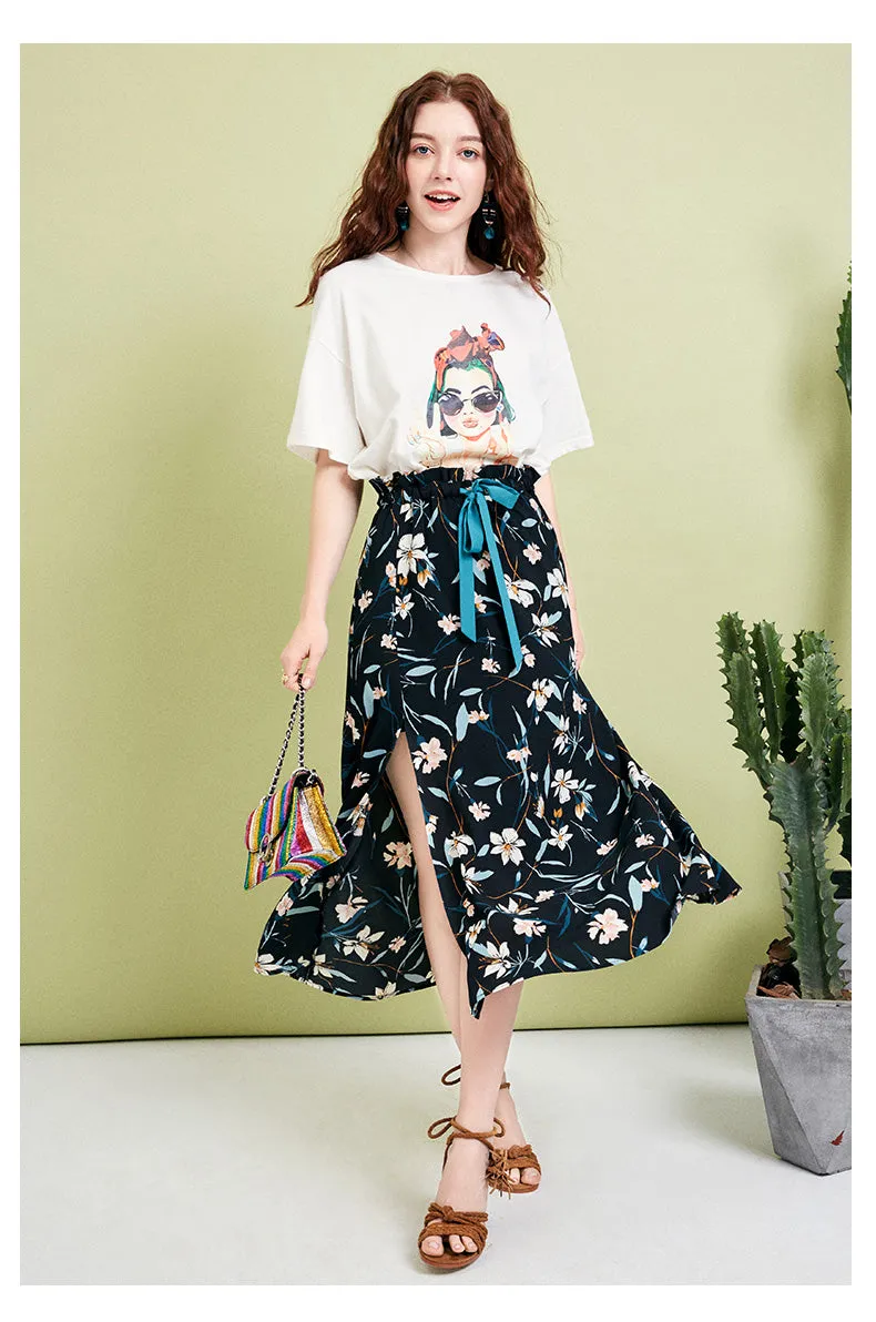 ARTKA MIDI TEA SKIRT IN BLACK FLORAL PRINT