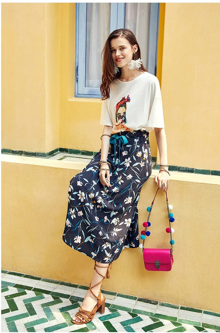 ARTKA MIDI TEA SKIRT IN BLACK FLORAL PRINT