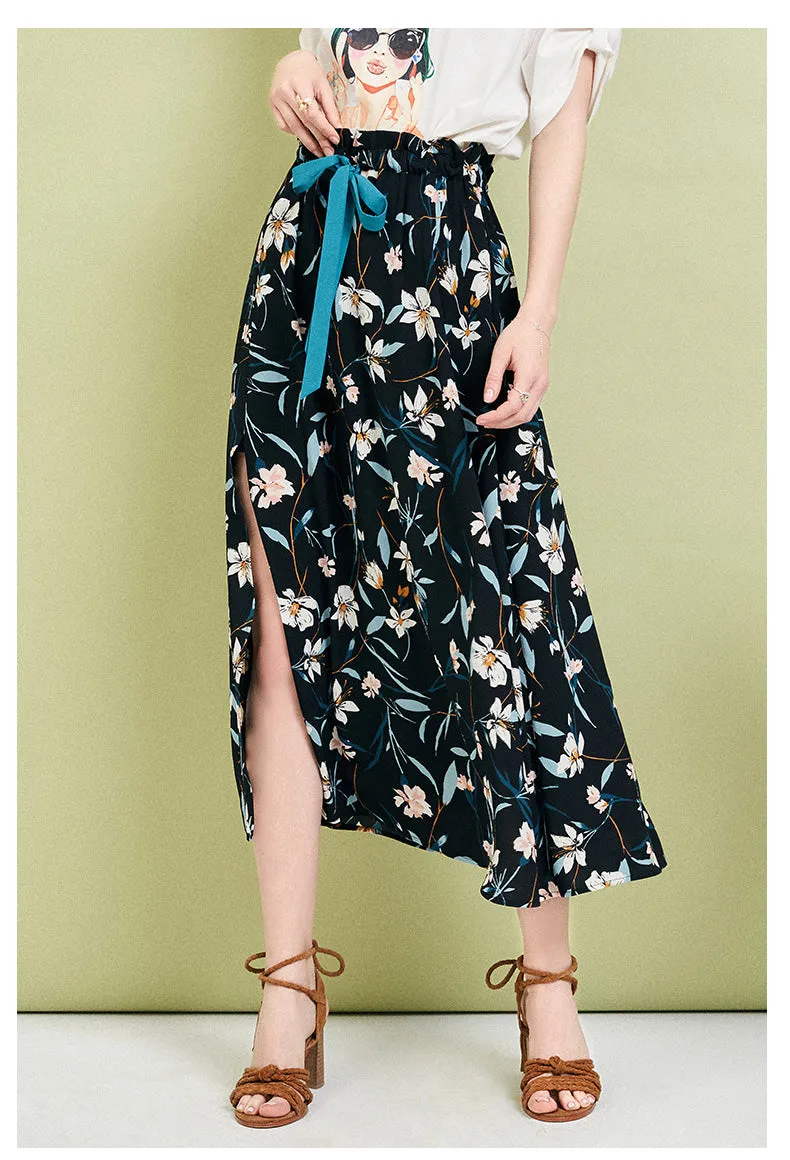ARTKA MIDI TEA SKIRT IN BLACK FLORAL PRINT