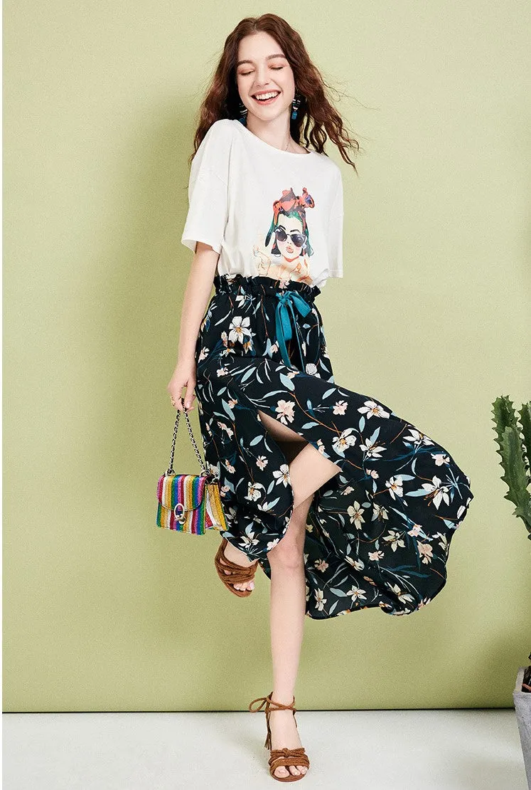 ARTKA MIDI TEA SKIRT IN BLACK FLORAL PRINT