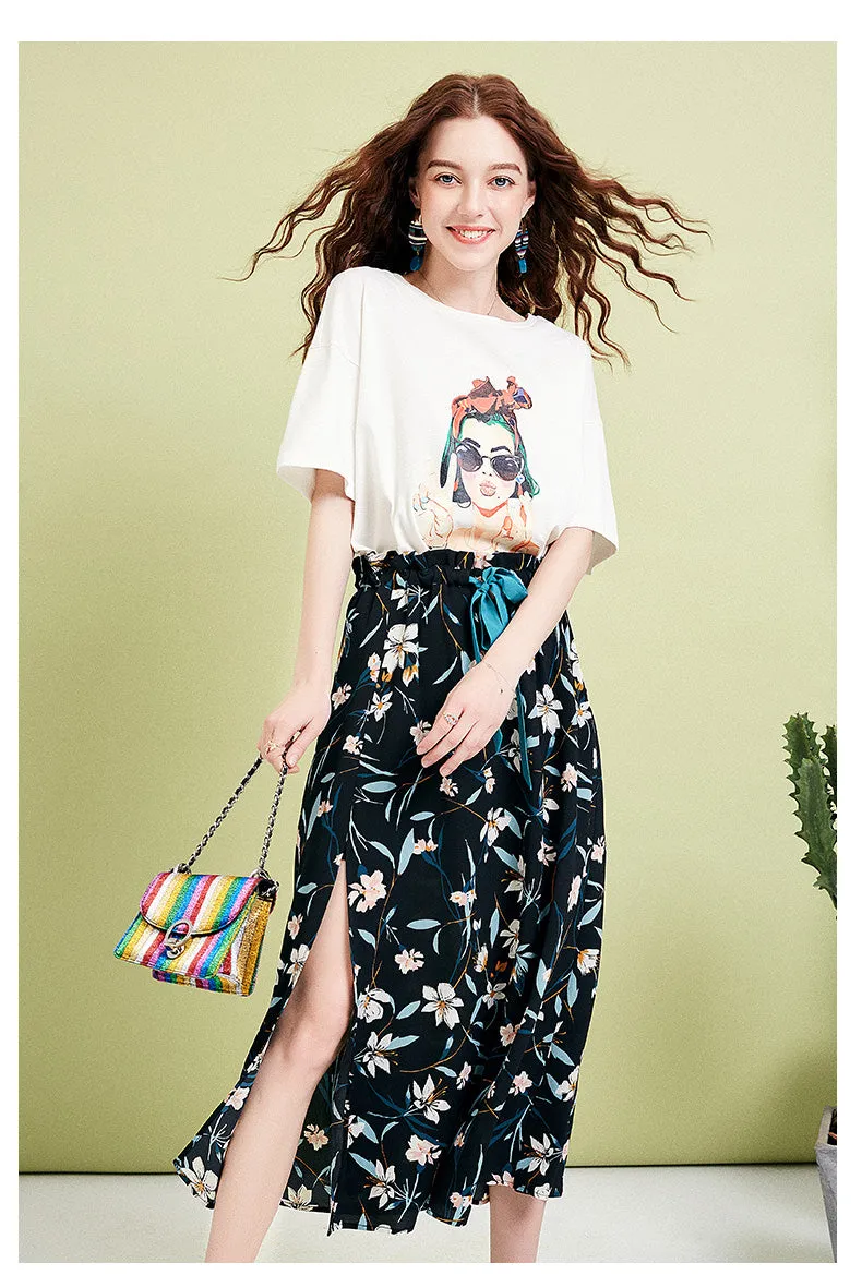 ARTKA MIDI TEA SKIRT IN BLACK FLORAL PRINT