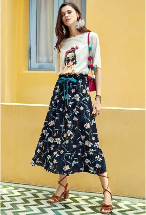 ARTKA MIDI TEA SKIRT IN BLACK FLORAL PRINT