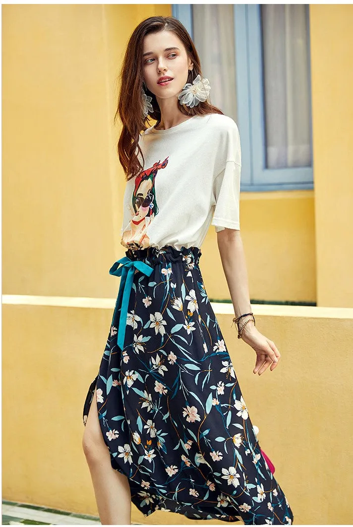 ARTKA MIDI TEA SKIRT IN BLACK FLORAL PRINT