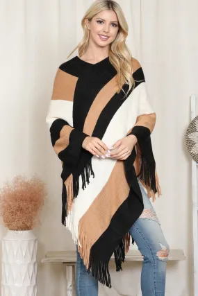 Beige Color Block Fringe Poncho