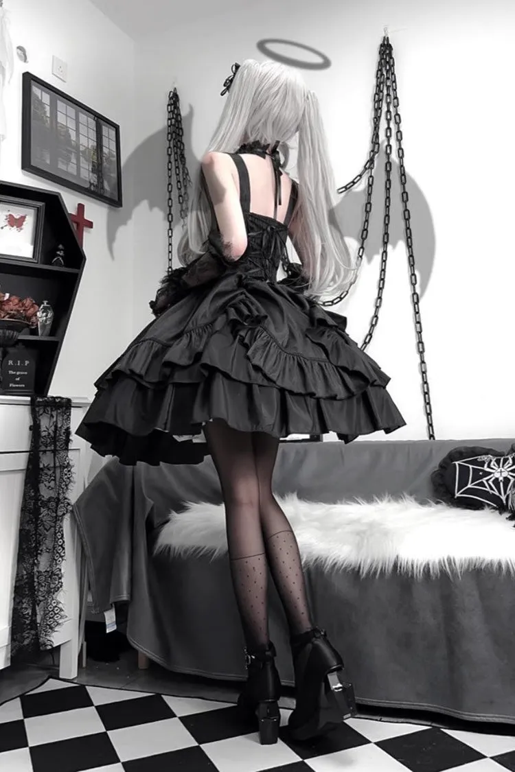 Black [Butterfly Officer] Triple-Layered Ruffle Bowknot Lace-Up Gothic Lolita Skirt Set