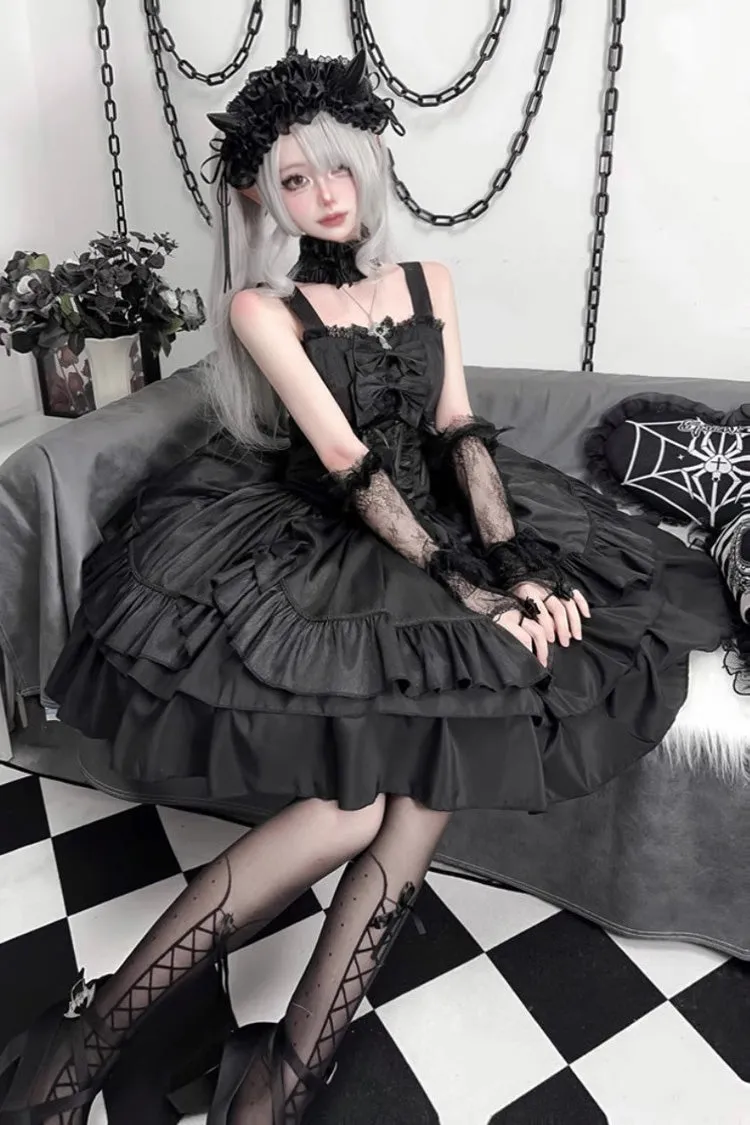 Black [Butterfly Officer] Triple-Layered Ruffle Bowknot Lace-Up Gothic Lolita Skirt Set