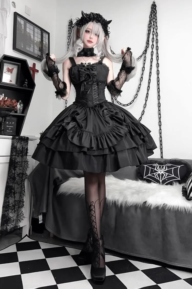 Black [Butterfly Officer] Triple-Layered Ruffle Bowknot Lace-Up Gothic Lolita Skirt Set
