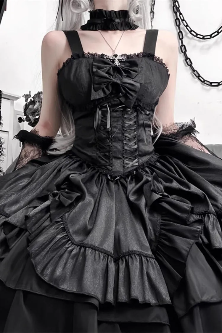 Black [Butterfly Officer] Triple-Layered Ruffle Bowknot Lace-Up Gothic Lolita Skirt Set