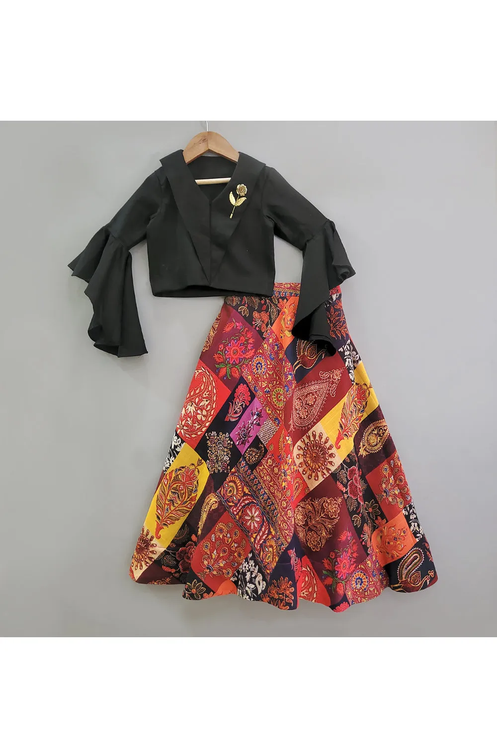 Black Gold Metallic Rose Embellishment Crop Top With Printed Skirt