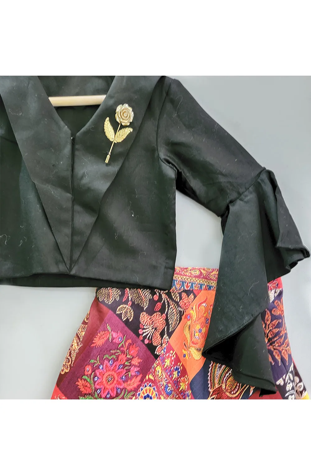 Black Gold Metallic Rose Embellishment Crop Top With Printed Skirt