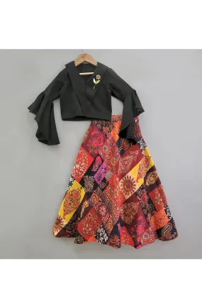Black Gold Metallic Rose Embellishment Crop Top With Printed Skirt