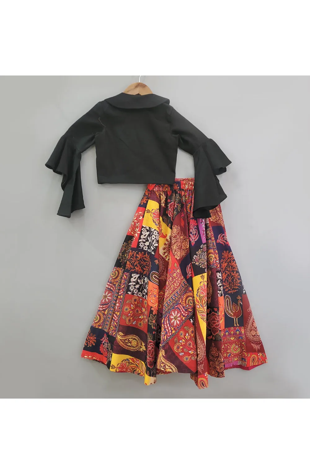 Black Gold Metallic Rose Embellishment Crop Top With Printed Skirt