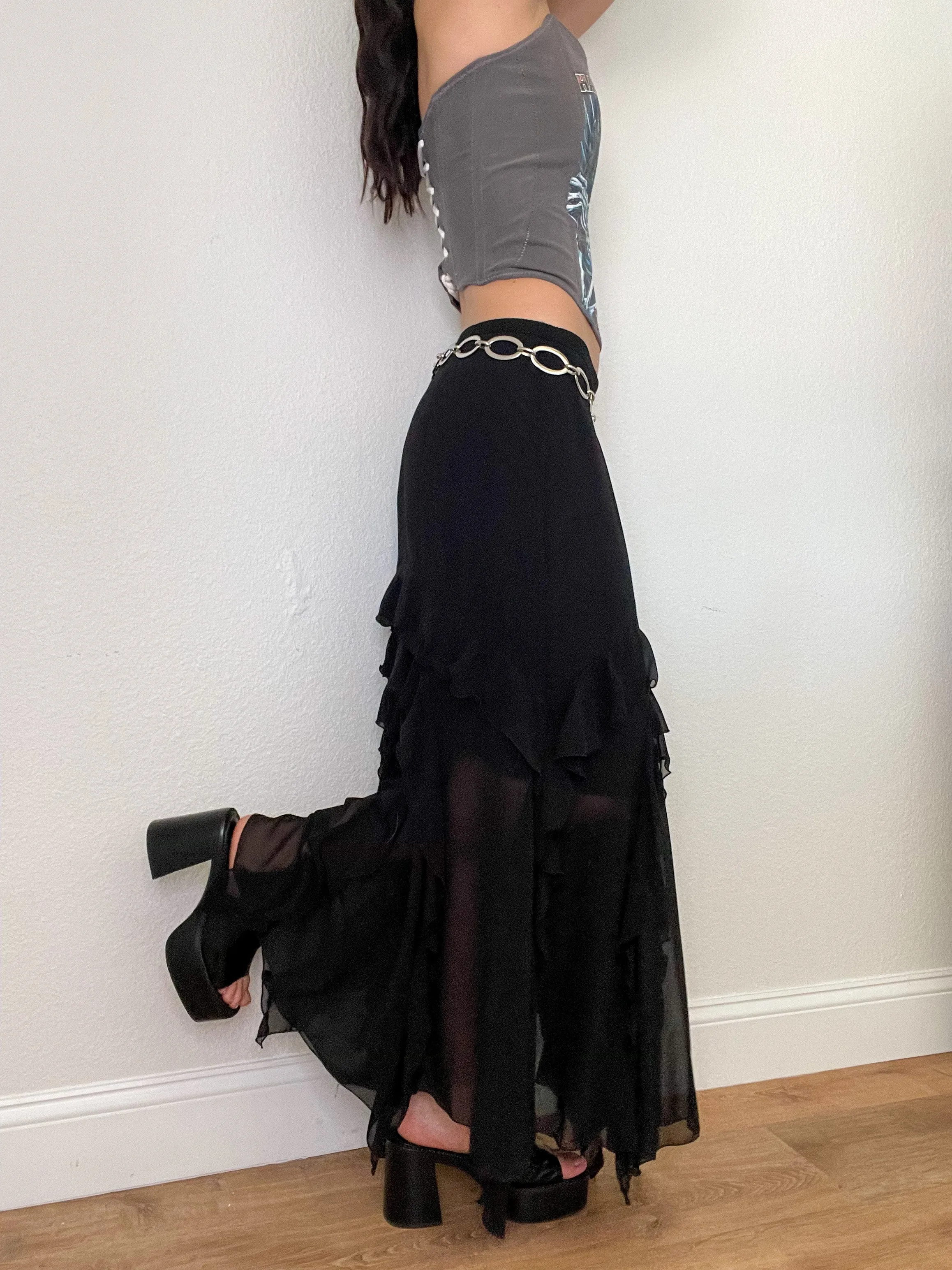Black Ruffle Low Rise Maxi Skirt (S)