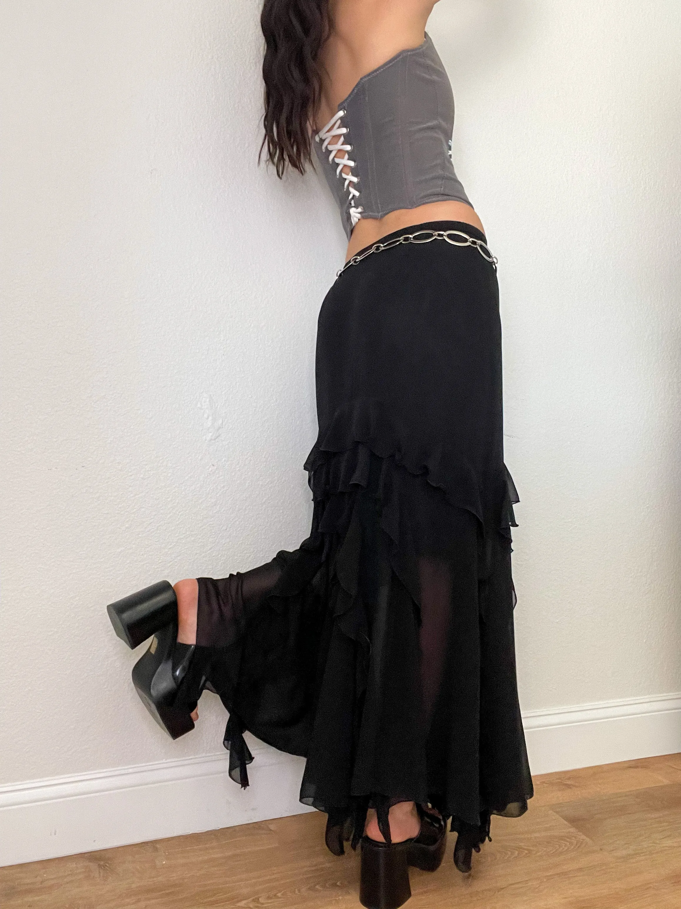 Black Ruffle Low Rise Maxi Skirt (S)
