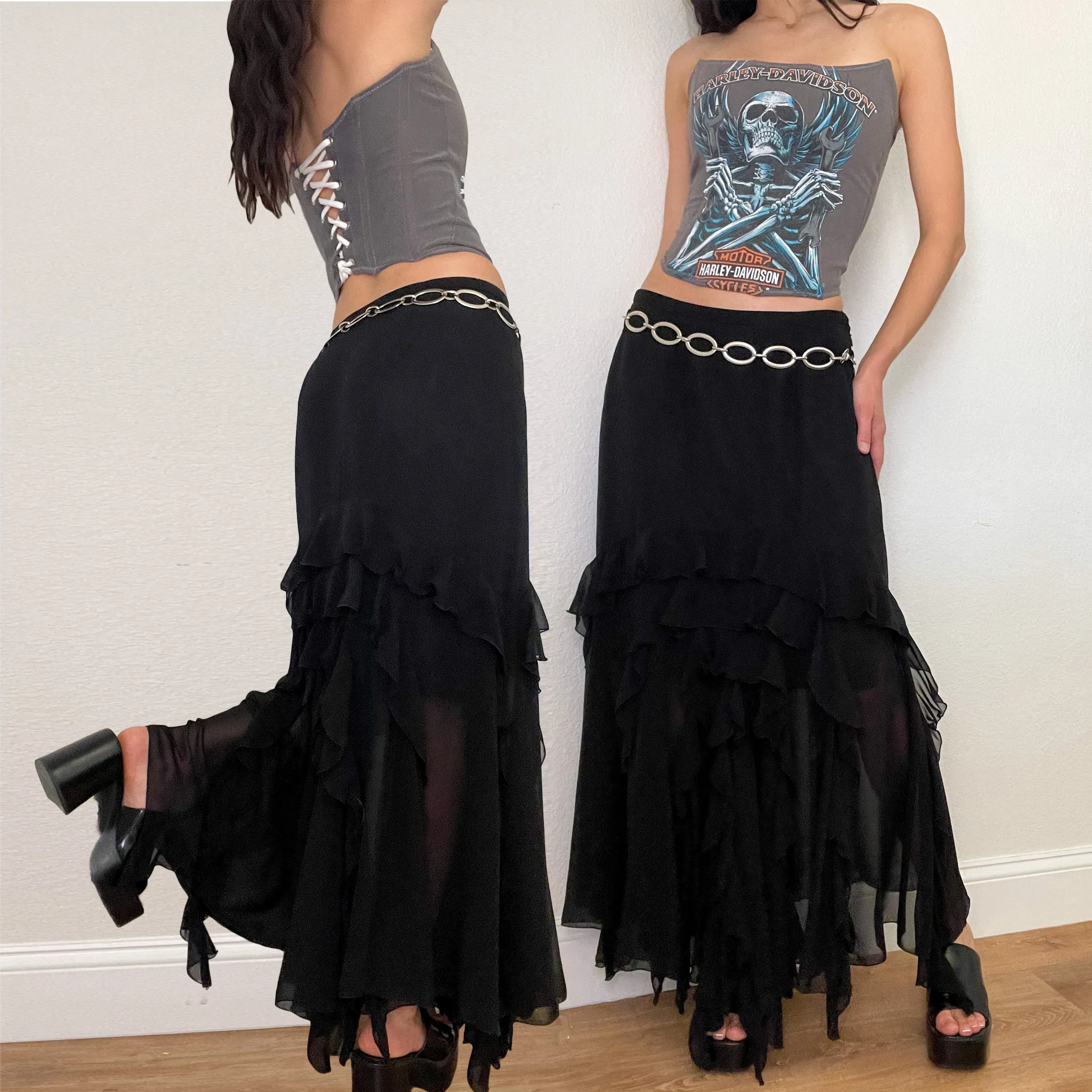 Black Ruffle Low Rise Maxi Skirt (S)