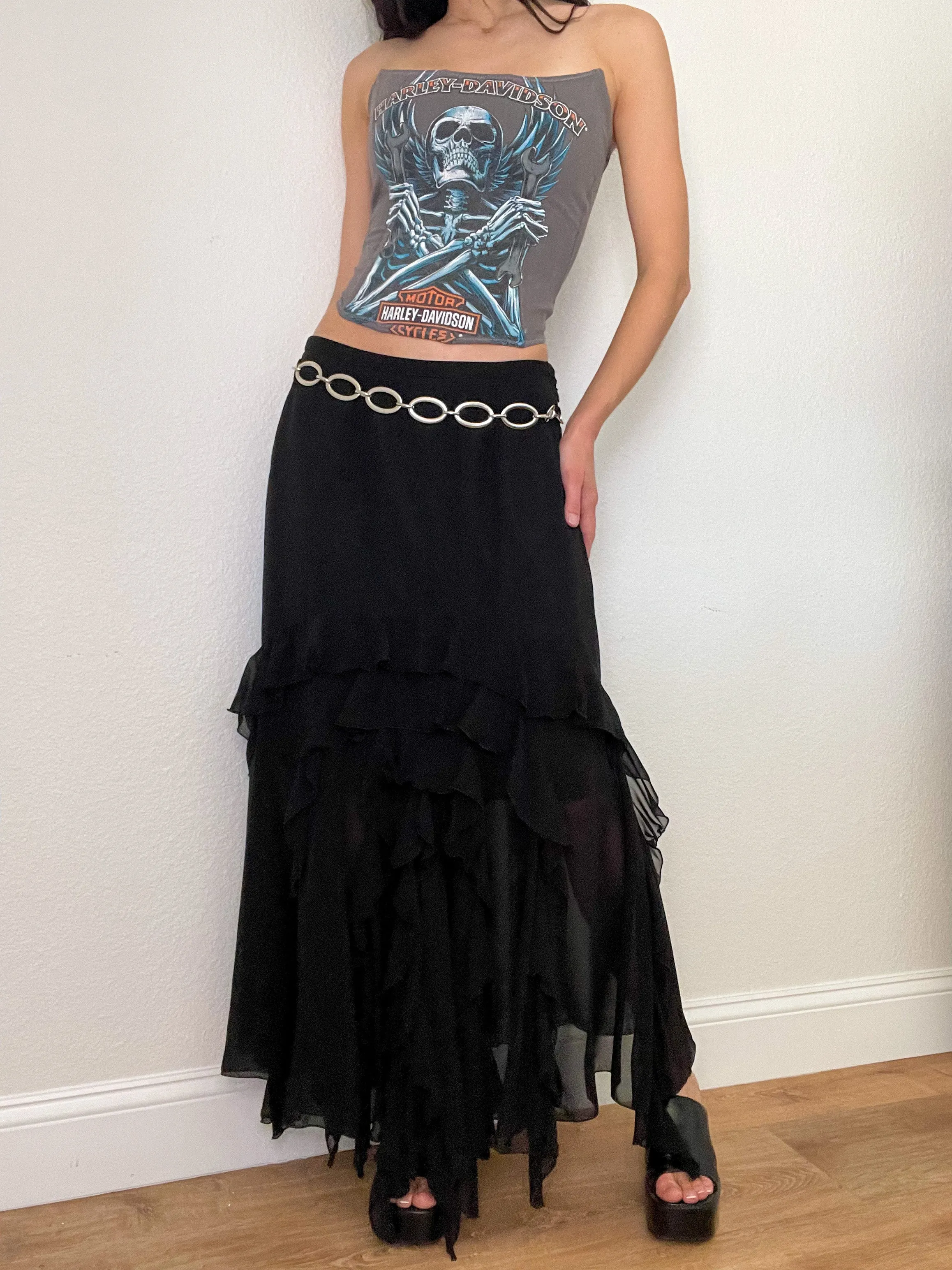 Black Ruffle Low Rise Maxi Skirt (S)