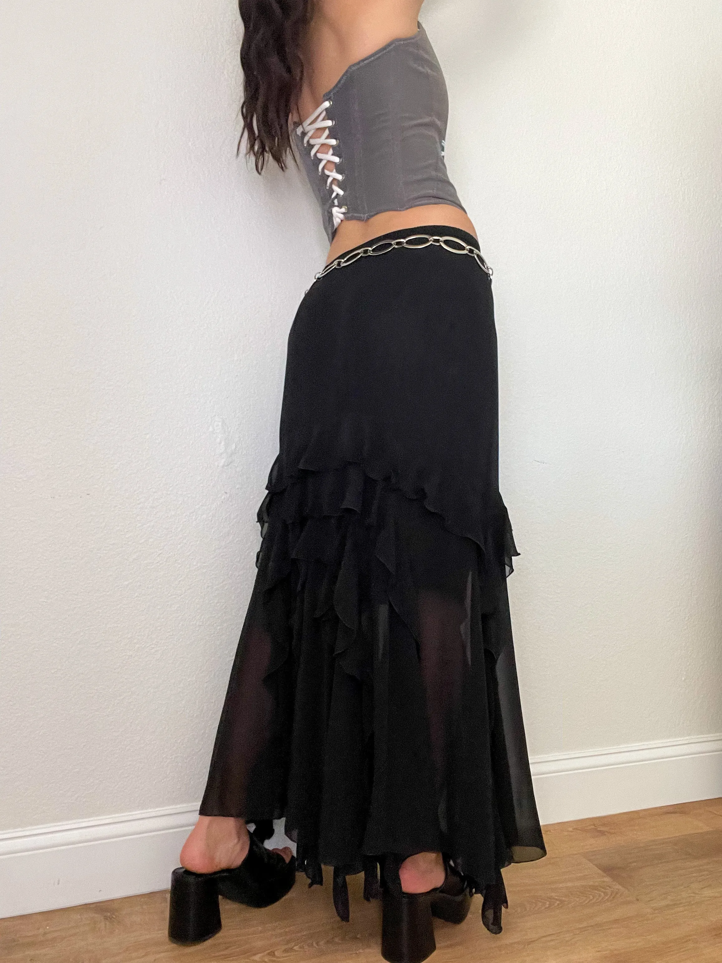 Black Ruffle Low Rise Maxi Skirt (S)