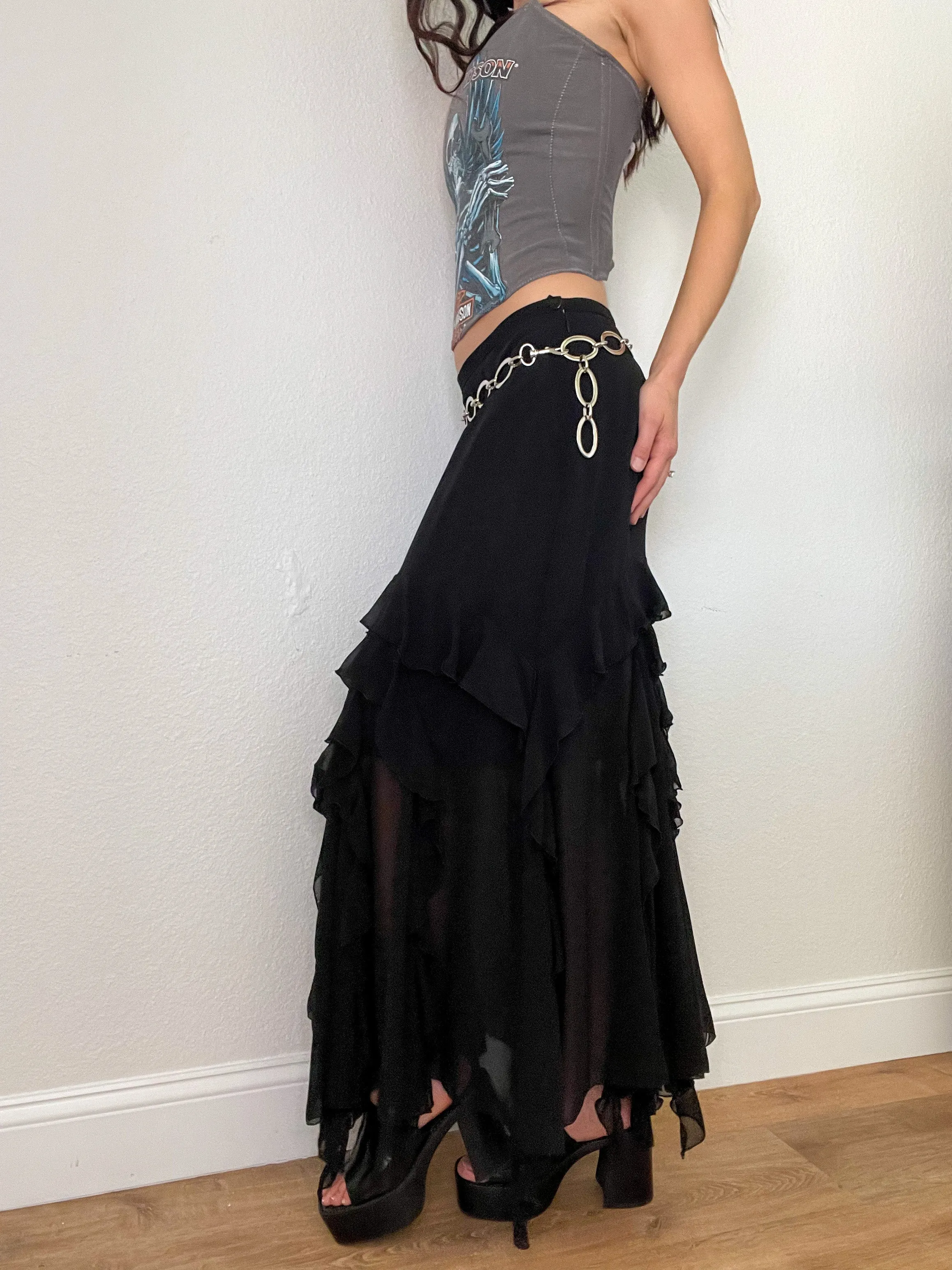 Black Ruffle Low Rise Maxi Skirt (S)