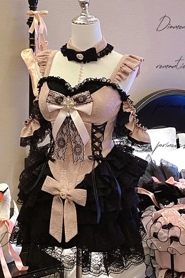 Black/Pink [Blackberry Lover] Multi-Layered Lace Sweet Princess Lolita Skirt Set