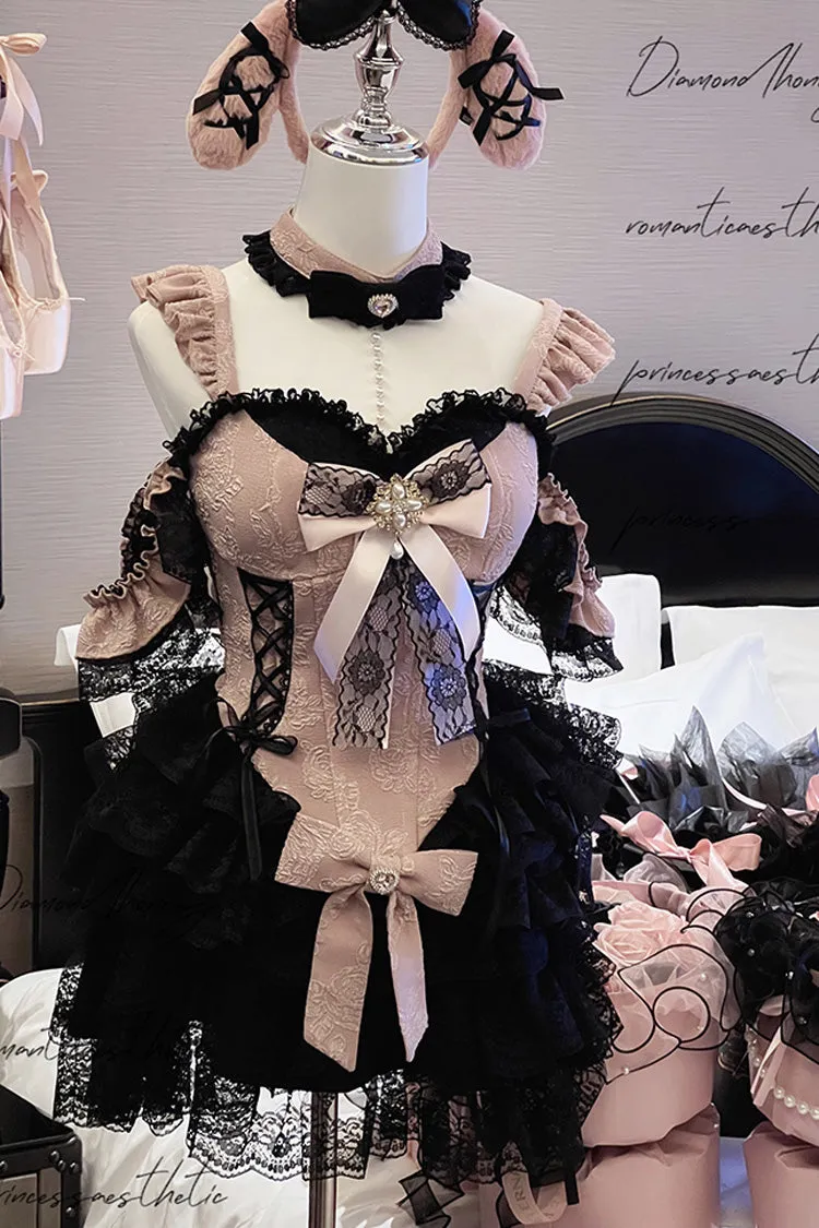Black/Pink [Blackberry Lover] Multi-Layered Lace Sweet Princess Lolita Skirt Set
