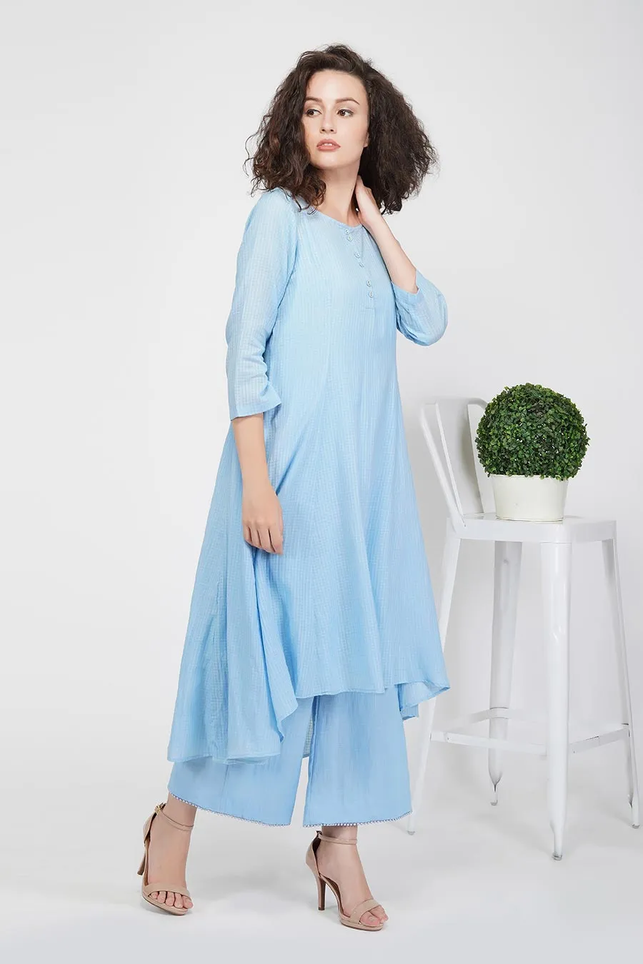 Blue High-Low Kurta & Pants Set