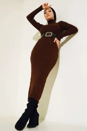 BNG Women Ribbed Long Sweater Dress Brown - Clermont