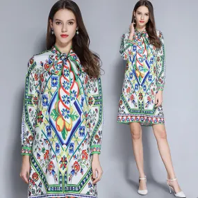 Bow Tie Printed Long Sleeve Dress