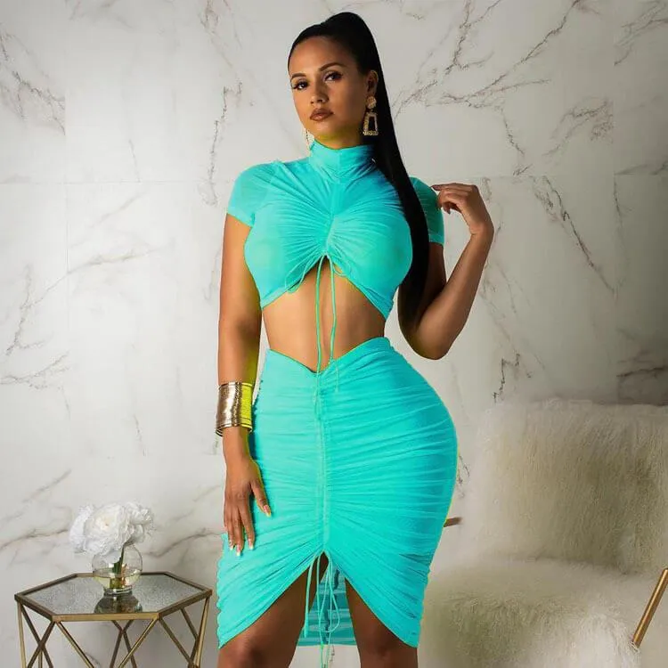 Bright Color Bodycon High Neck Drawstring Skirt Sets