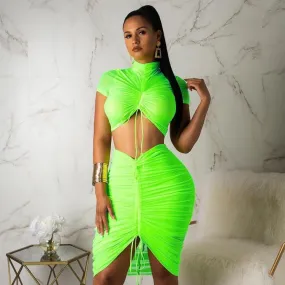 Bright Color Bodycon High Neck Drawstring Skirt Sets