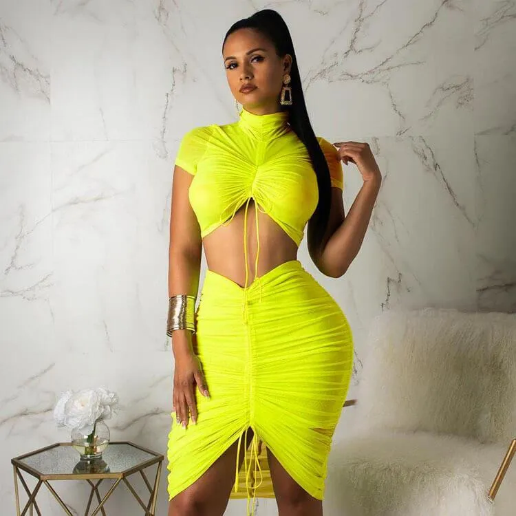 Bright Color Bodycon High Neck Drawstring Skirt Sets