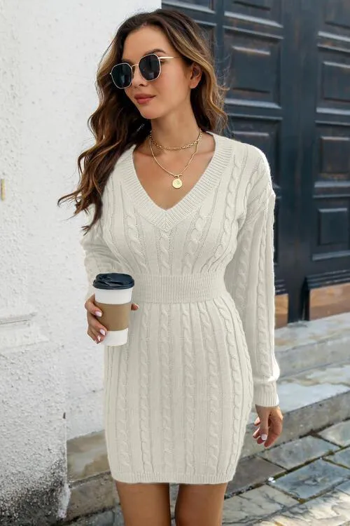 Cable-Knit V-Neck Long Sleeve Sweater Dress