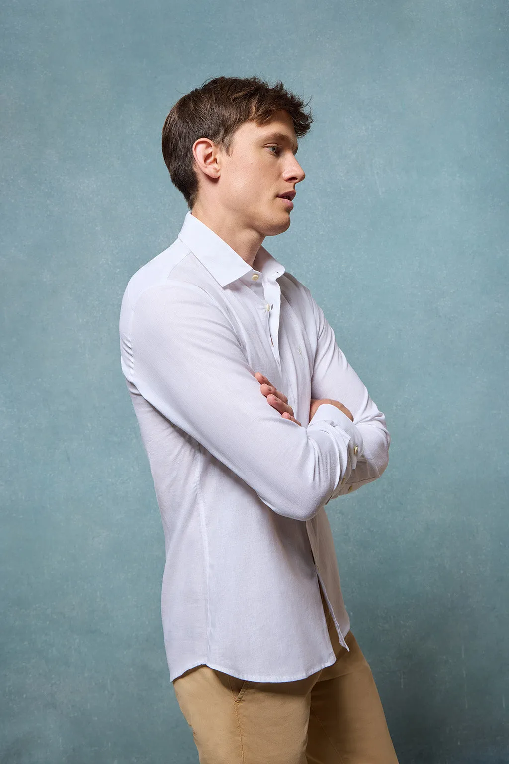 Camisa de lino y algodón slim blanca con logo Rigby Go