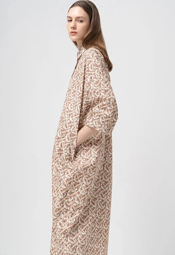Choice Printed Monogram Long Sleeves Shirt Dress Brown